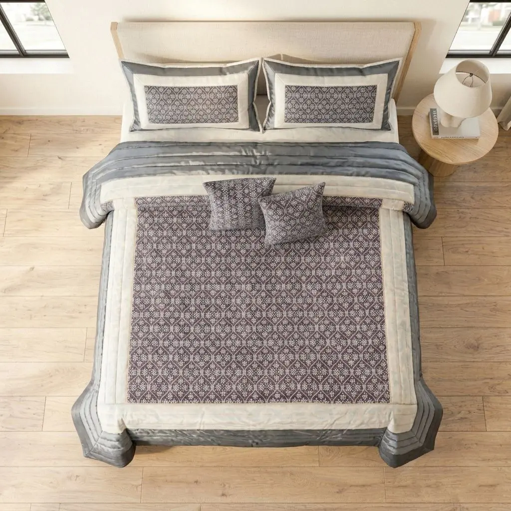 Luxury Damask Floral Dark Grey King Size Quilted Bedcover Set – 5 Piece Premium Bedding Collection (King Size (108 × 10...